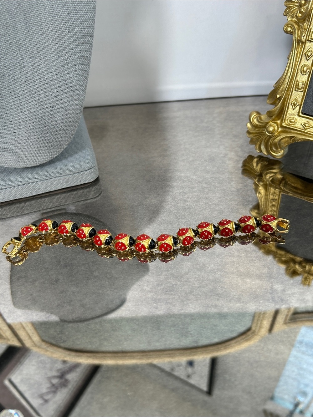 Rare Vintage Trifari Gold-Tone Red and Black Ladybug Link Bracelet